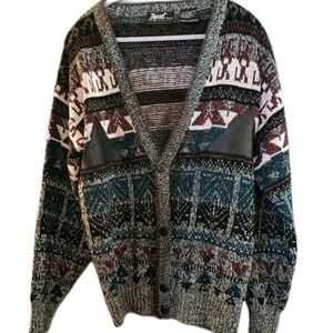 Impact Sweater Mens Cardigan Sz M Genuine Leather Patches 90's Y2K Geometric